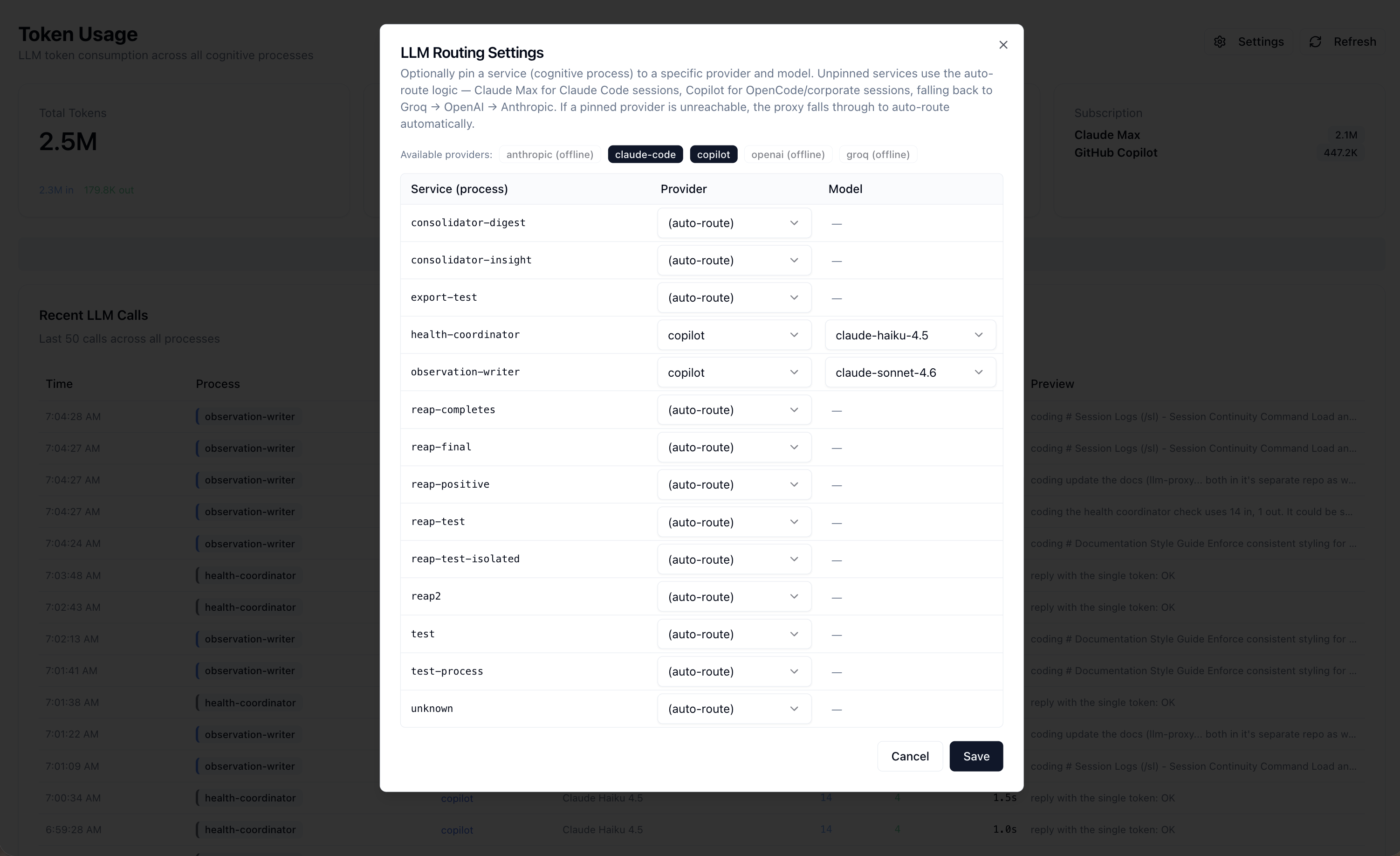 LLM Routing Settings dialog