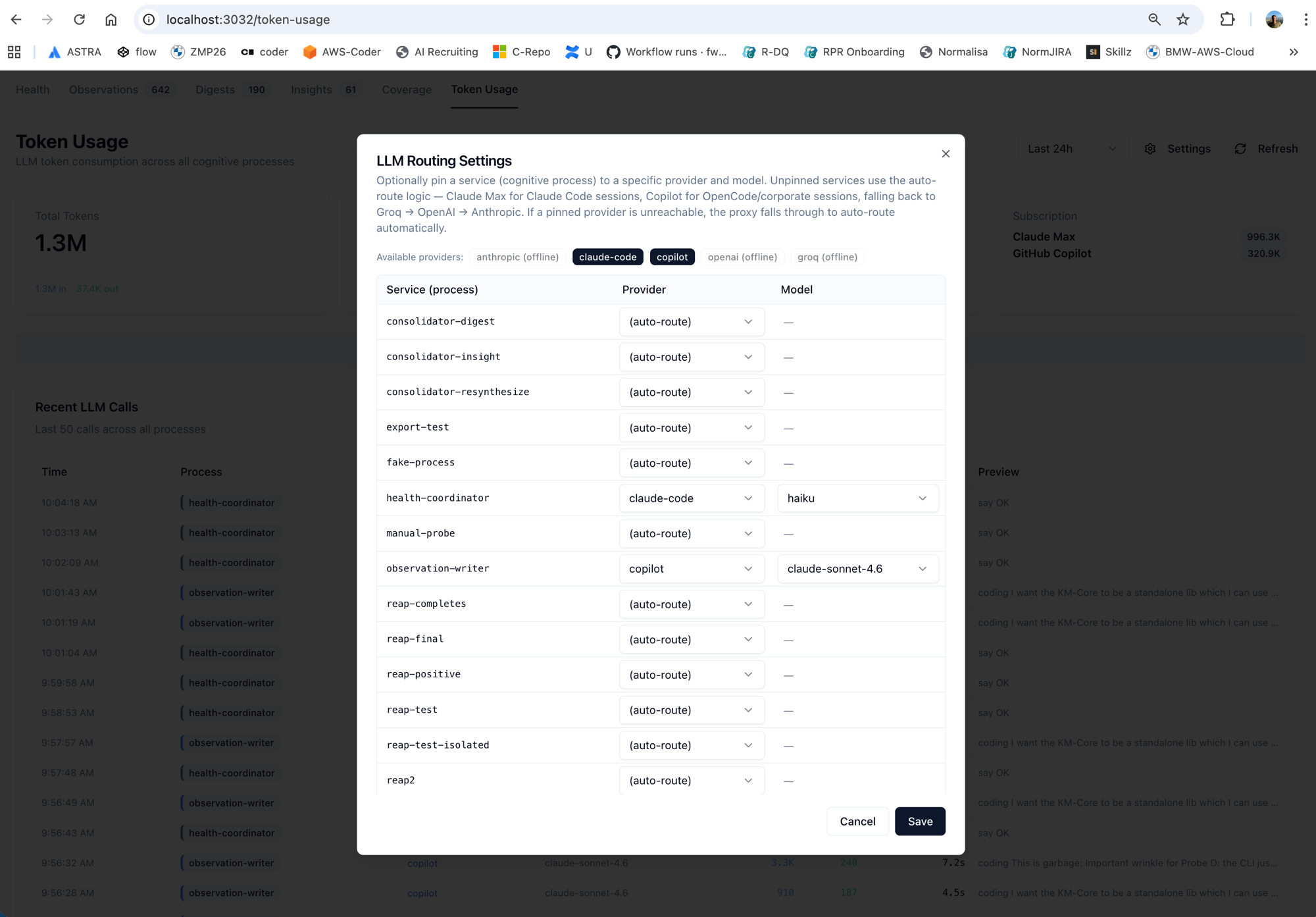 LLM Routing Settings dialog (Token Usage → Settings)