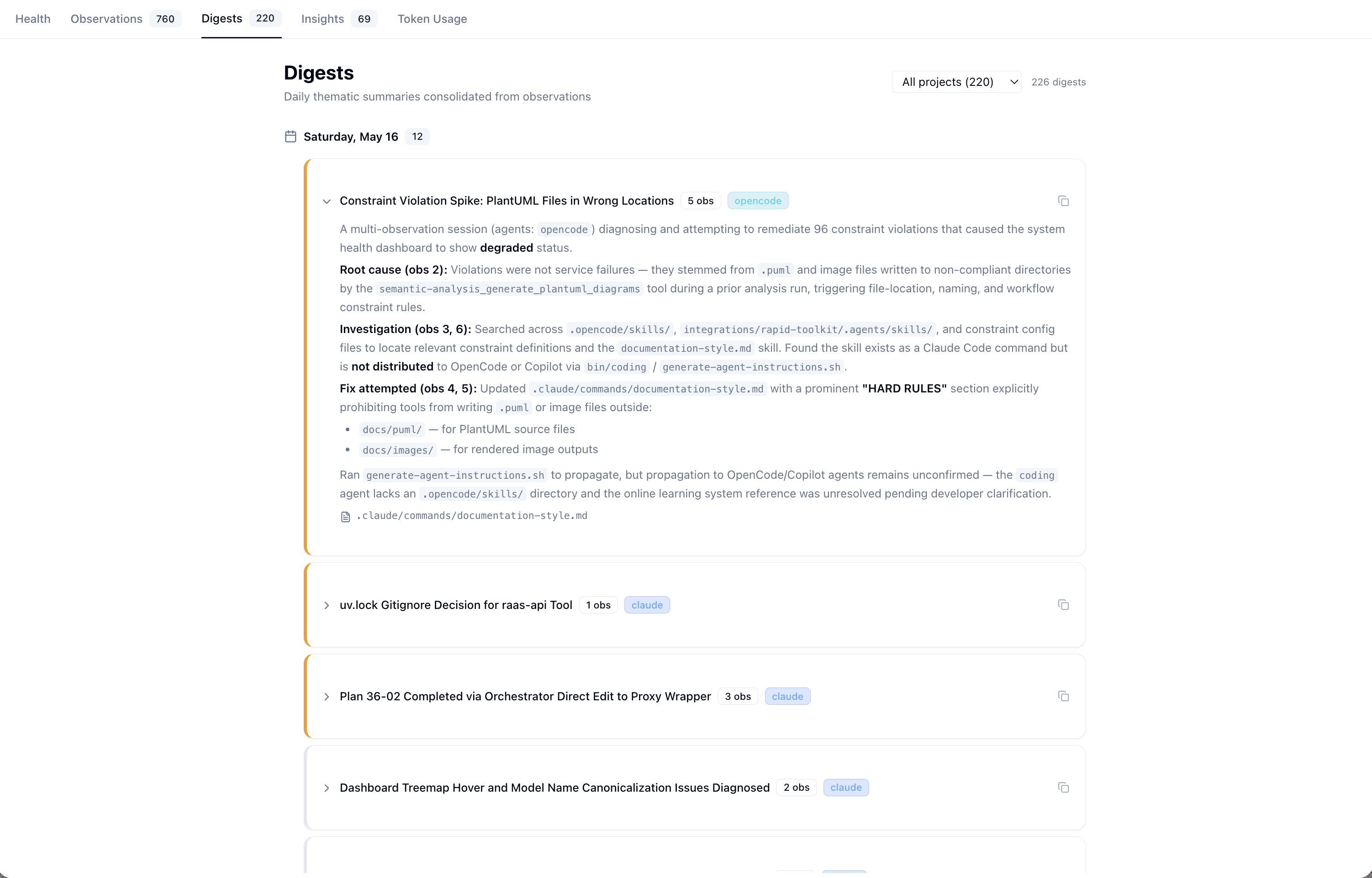 Digests page after the fix — clean list, redaction tokens shown as small sky-blue spans