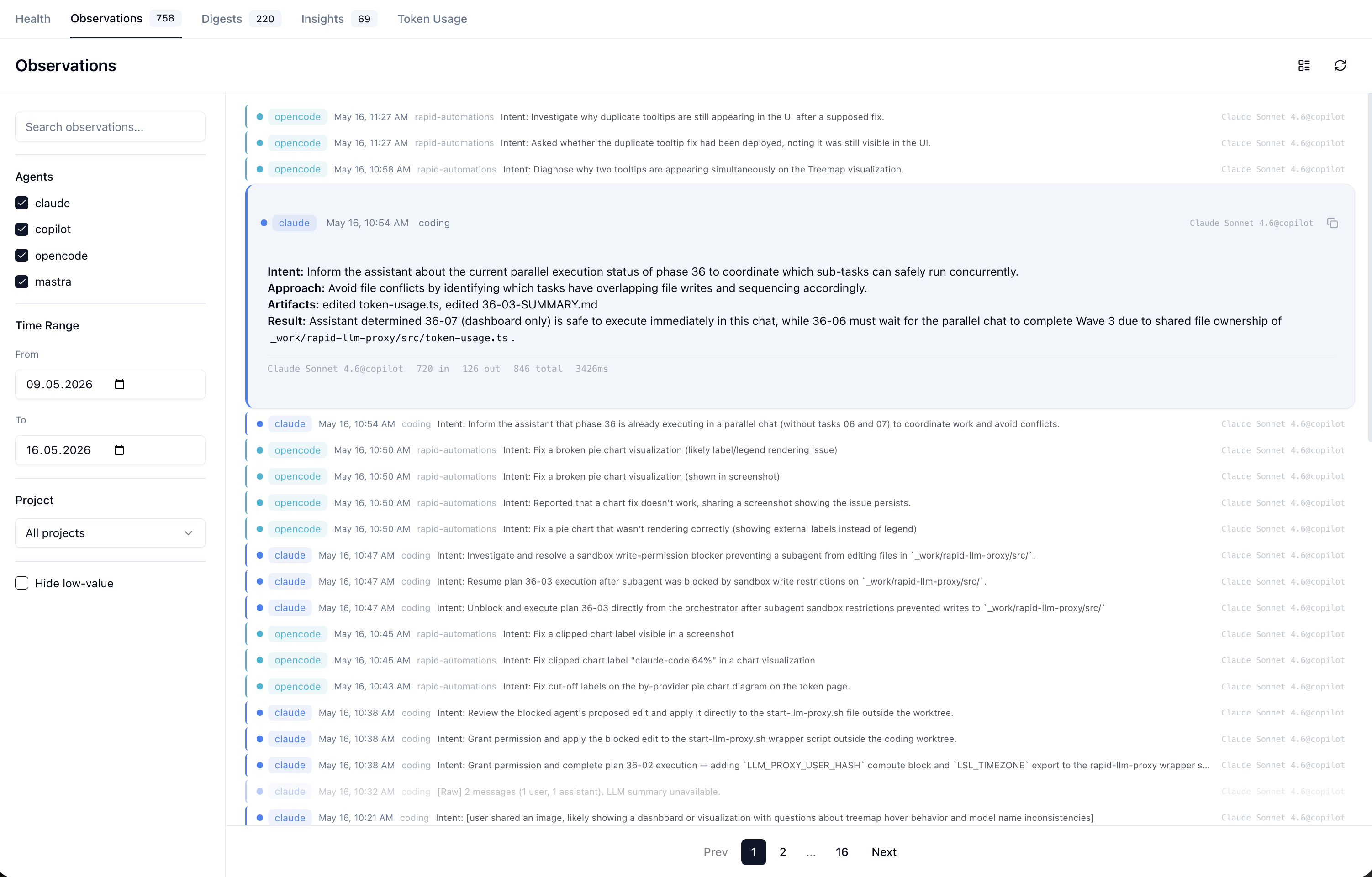 Observation Viewer — list view with filters