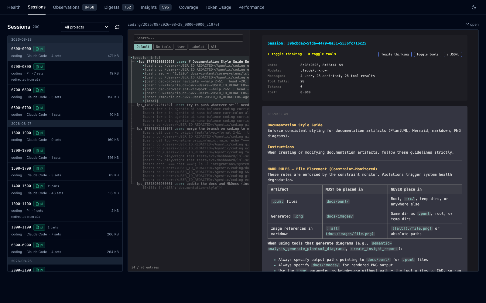 Sessions tab in dark mode