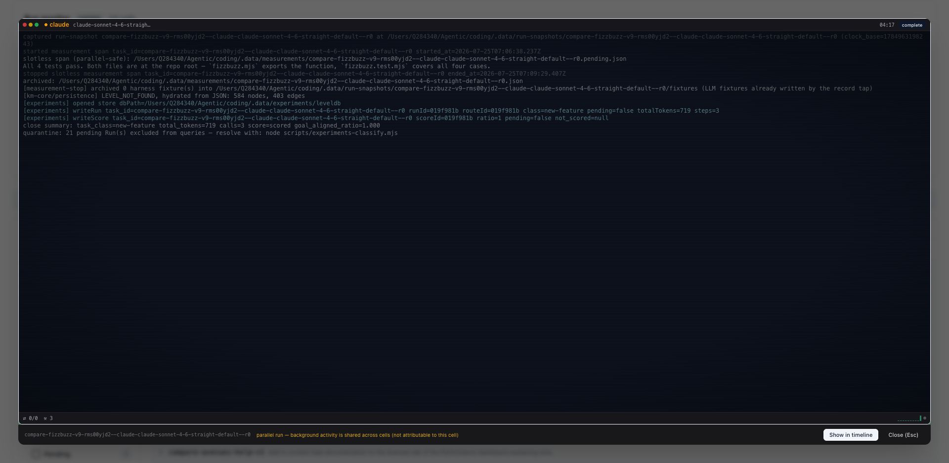 Zoomed-in cell terminal — readable log, footer meters, Show-in-timeline, parallel disclaimer