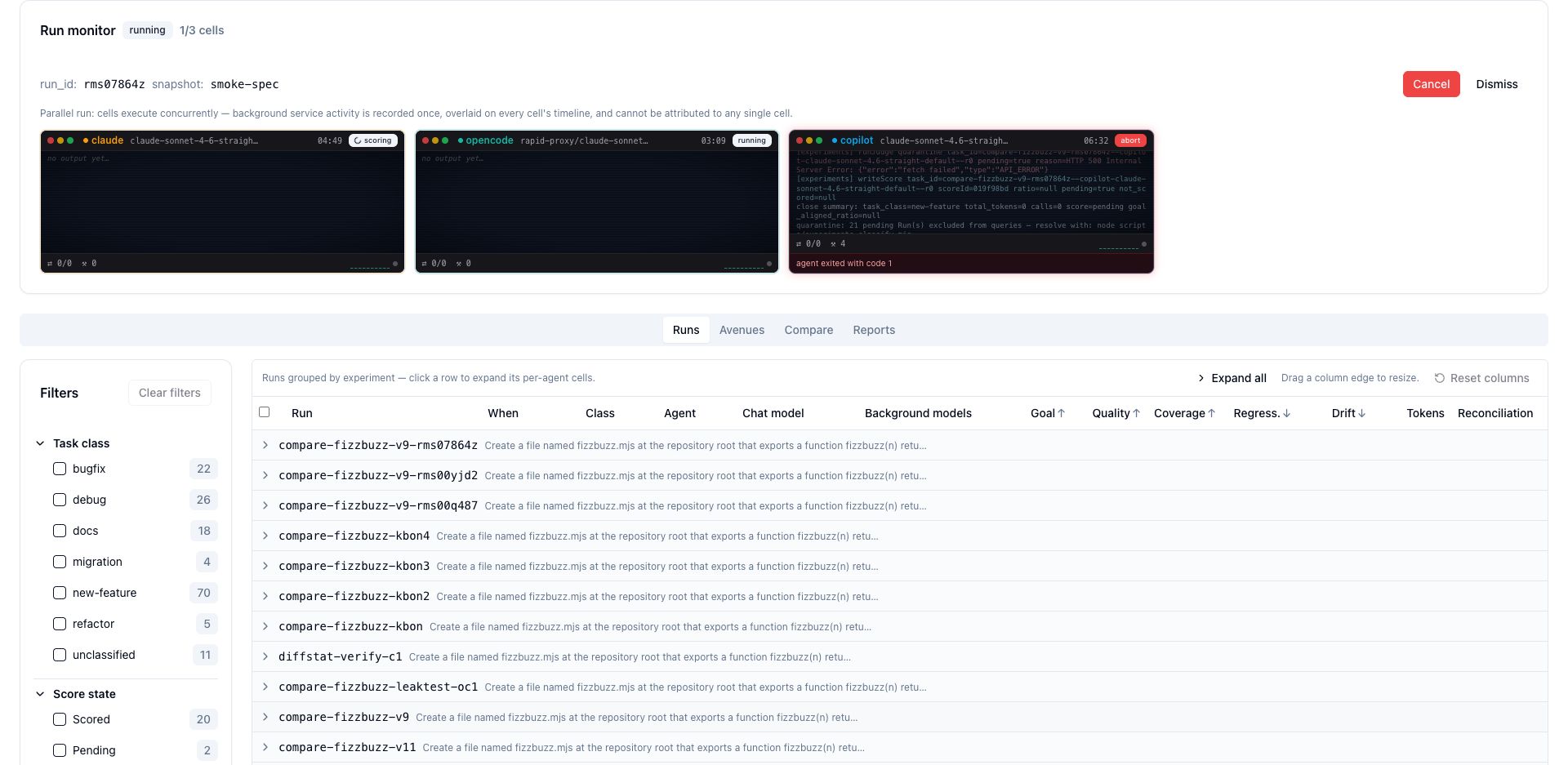 Run monitor mini-terminal grid — claude scoring, opencode running, copilot aborted with red glow and reason