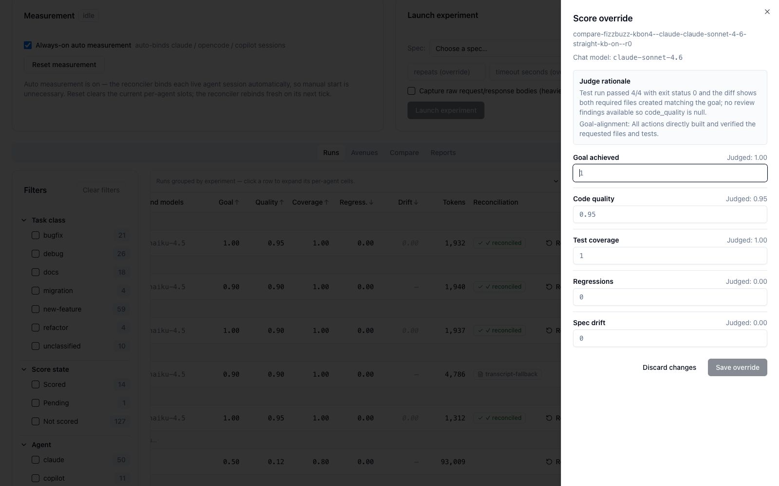 Score override drawer — judge rationale + per-dimension judged values