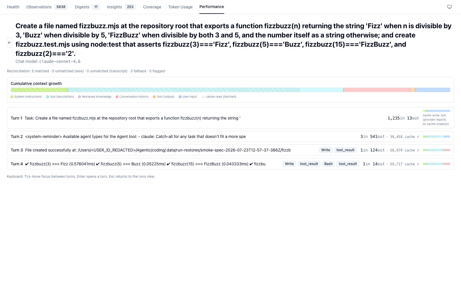 Fullscreen timeline — reconciliation summary + cumulative context band