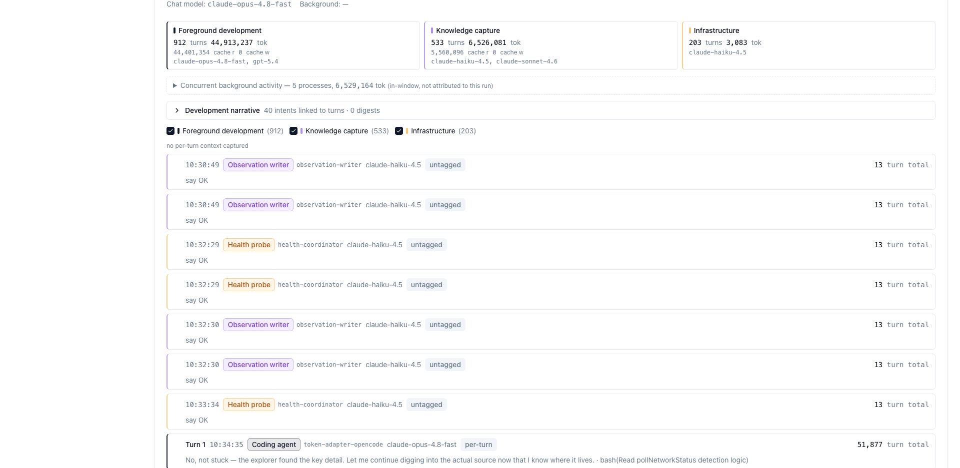 Timeline — all three roles as per-turn rows, interleaved by time, with role-filter checkboxes