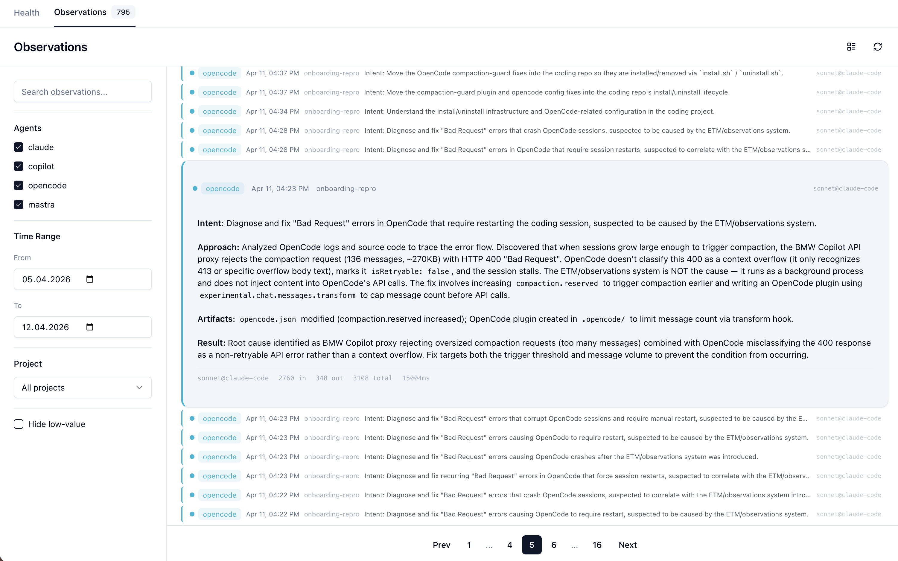 Observation Viewer — expanded observation with structured summary