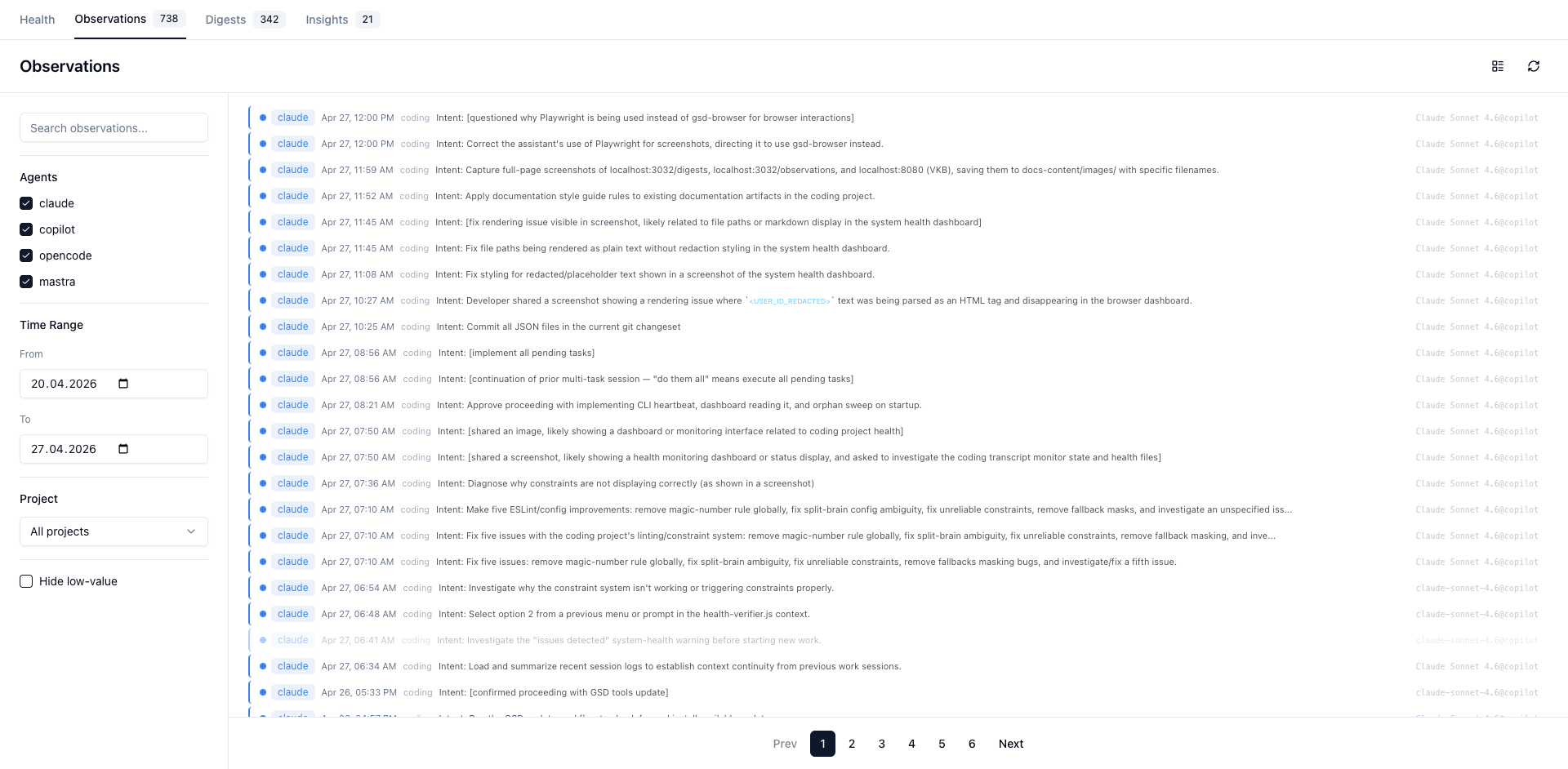 Observations page with project filter, time-range selector, and the same redaction-token treatment in compact summaries