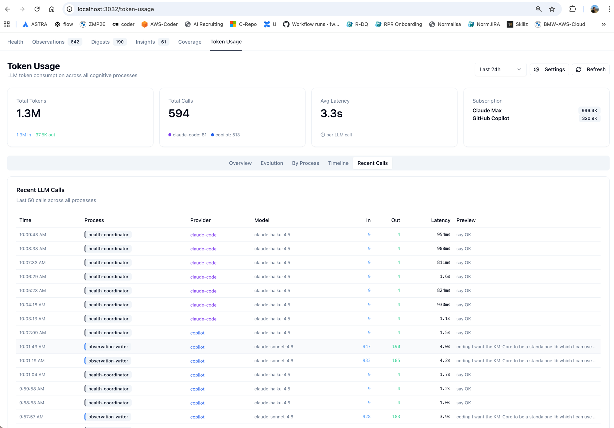 Recent LLM calls — direct-OAuth vs. legacy CLI path
