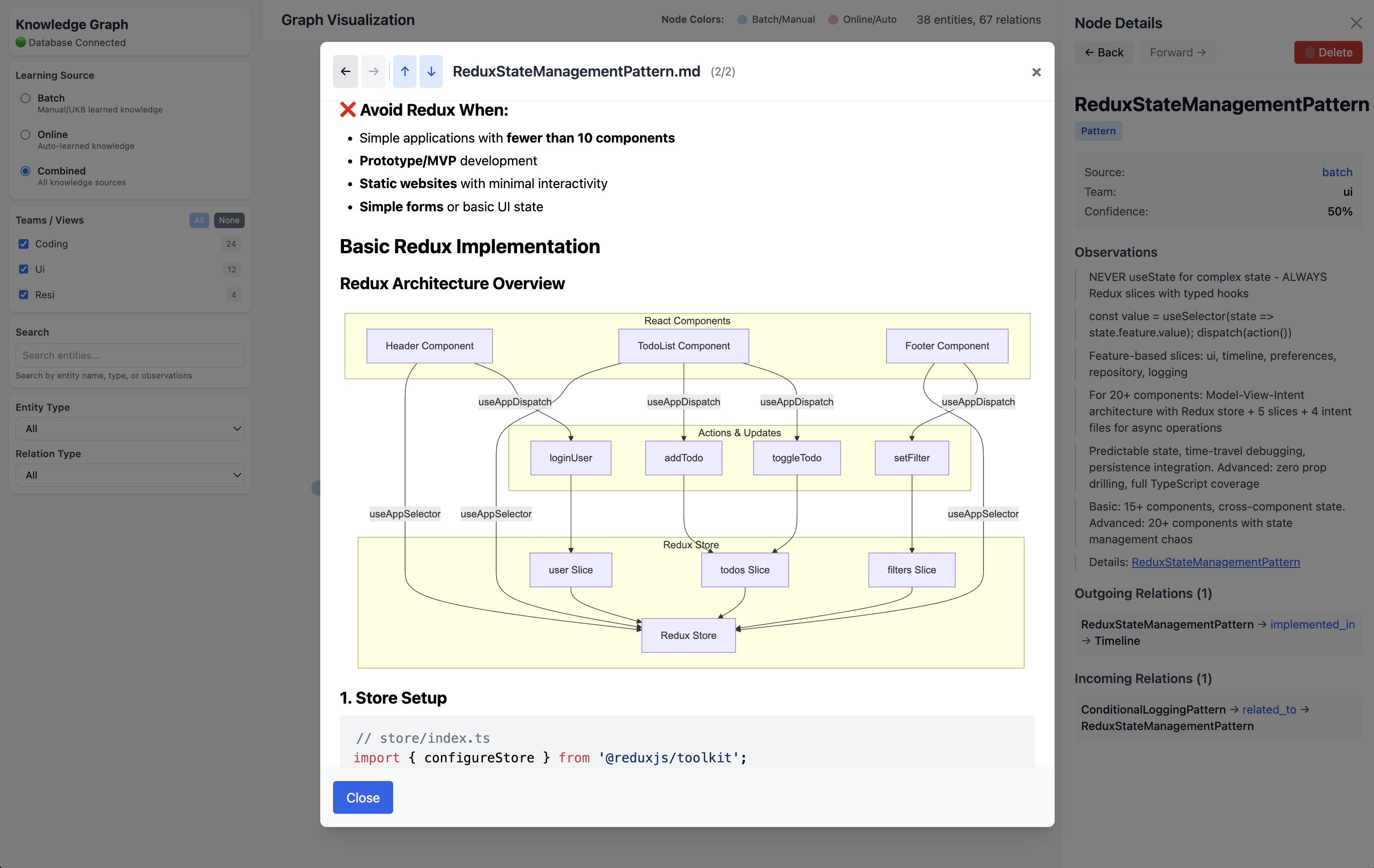 Insight Document Viewer — ReduxStateManagementPattern with rendered markdown, architecture diagram, and code examples