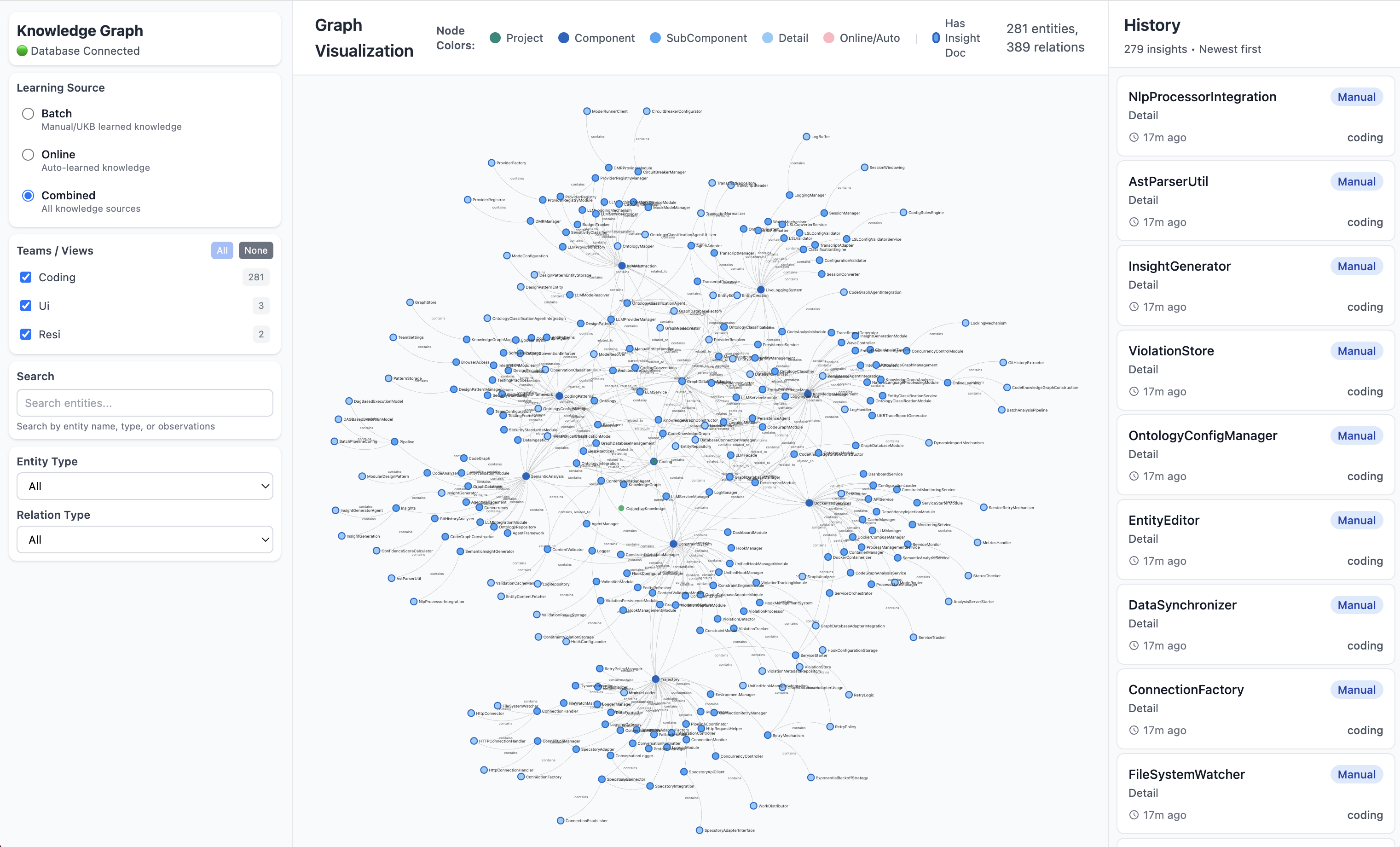 VKB Viewer — interactive knowledge graph with 281 entities across Project, Component, SubComponent, and Detail hierarchy